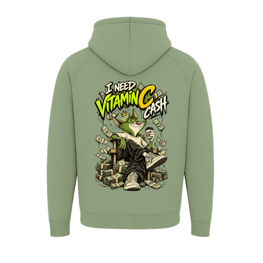ELBICHO Vitamin Cash 350 GSM Fleece Hoodie Sage Green - Back Cartoon Cat King Artwork
